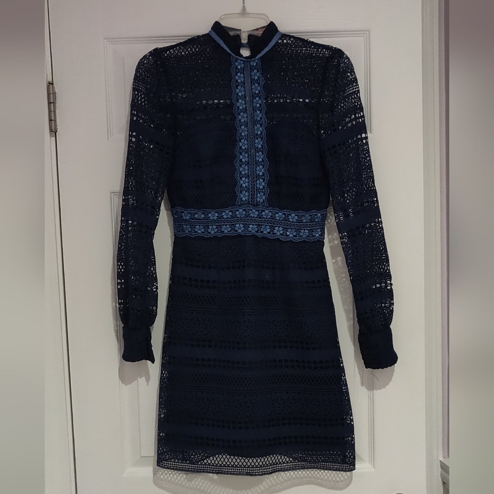Navy blue crochet long sleeve bow neck dress